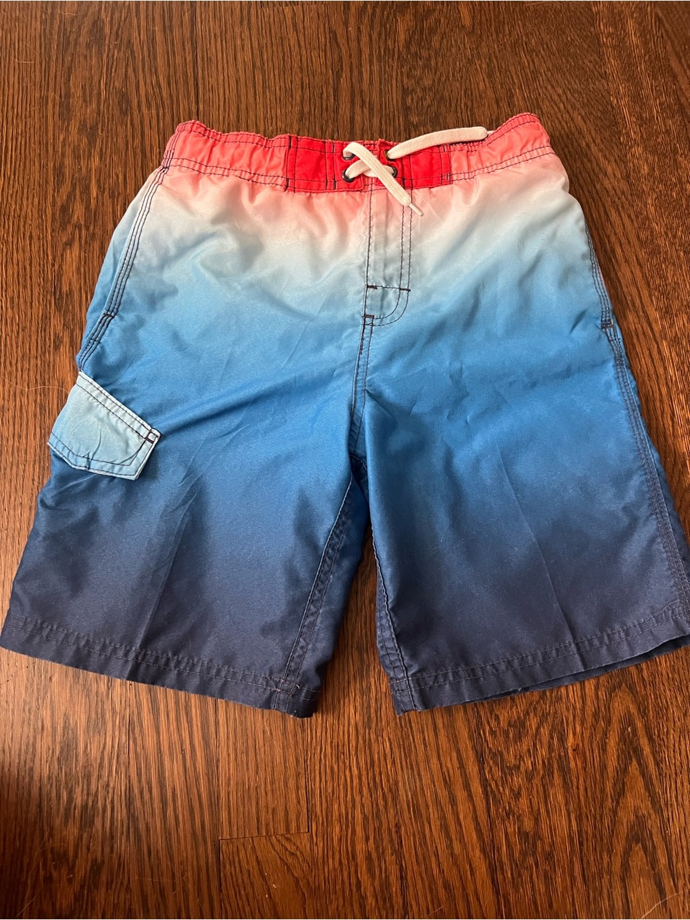 Gradient Blue Swim Shorts with Red Waistband